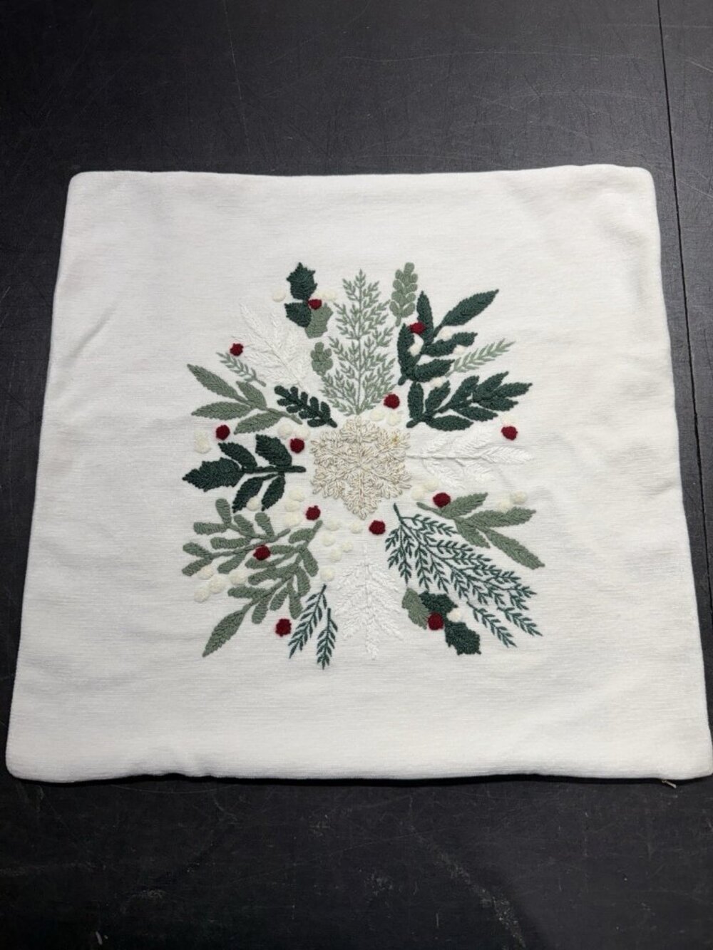 Pottery Barn 22โ Embroidered Chenille Christmas Pillow Cover Holly Snowflake